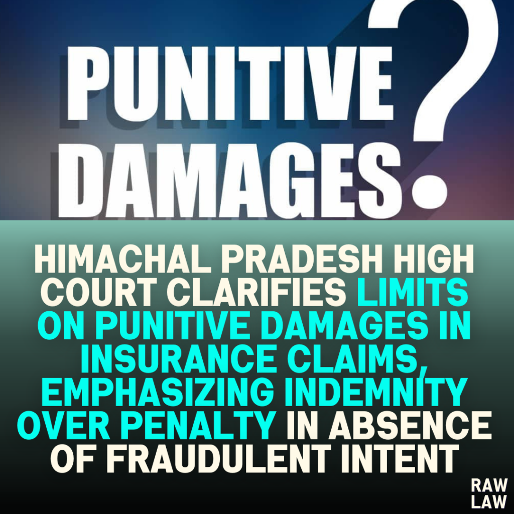 Himachal Pradesh High Court Clarifies Limits on Punitive Damages in Insurance Claims, Emphasizing Indemnity Over Penalty in Absence of Fraudulent Intent