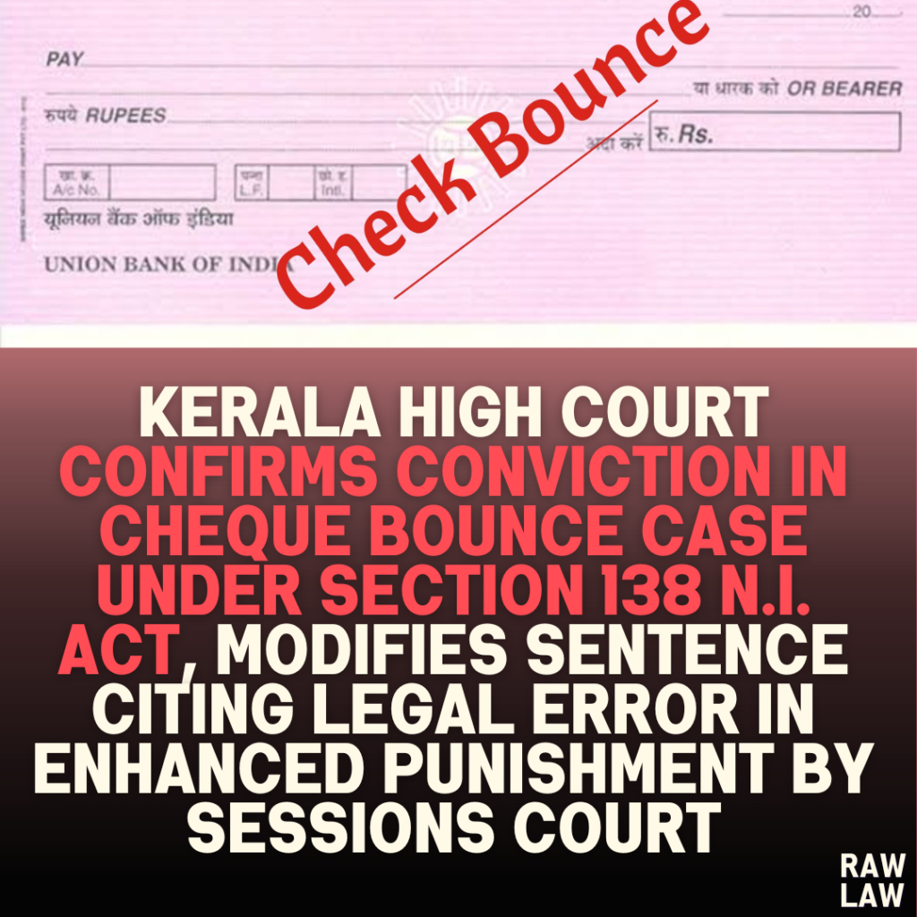 Kerala High Court Confirms Conviction in Cheque Bounce Case Under Section 138 N.I. Act, Modifies Sentence Citing Legal Error in Enhanced Punishment by Sessions Court