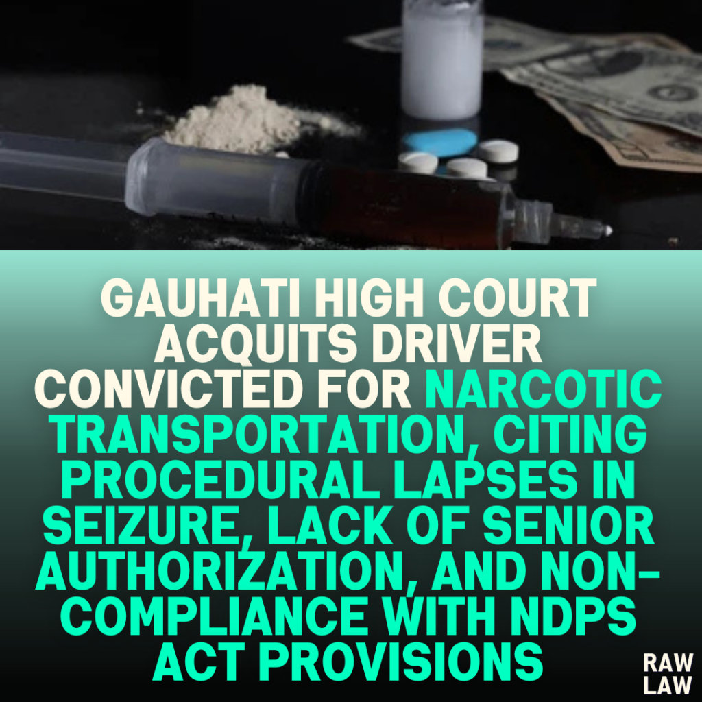 Gauhati High Court Acquits Driver Convicted for Narcotic Transportation, Citing Procedural Lapses in Seizure, Lack of Senior Authorization, and Non-Compliance with NDPS Act Provisions