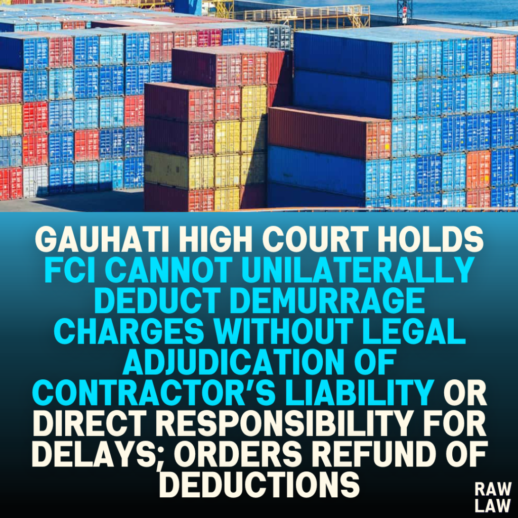 Gauhati High Court Holds FCI Cannot Unilaterally Deduct Demurrage Charges Without Legal Adjudication of Contractor’s Liability or Direct Responsibility for Delays; Orders Refund of Deductions