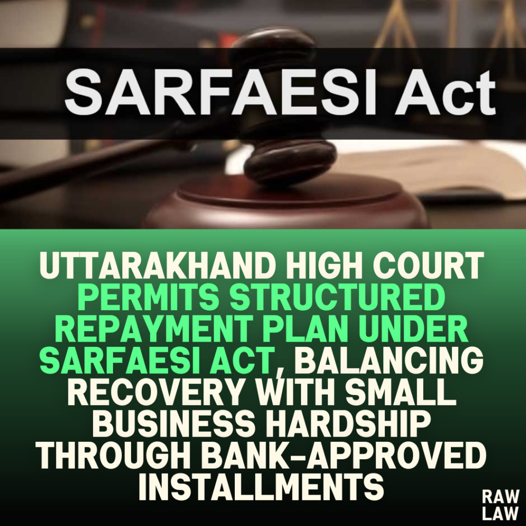 Uttarakhand High Court Permits Structured Repayment Plan Under SARFAESI Act, Balancing Recovery with Small Business Hardship Through Bank-Approved Installments