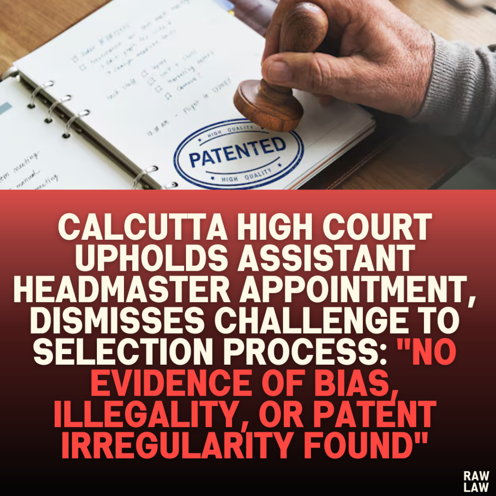 Calcutta High Court Upholds Assistant Headmaster Appointment, Dismisses Challenge to Selection Process: "No Evidence of Bias, Illegality, or Patent Irregularity Found"