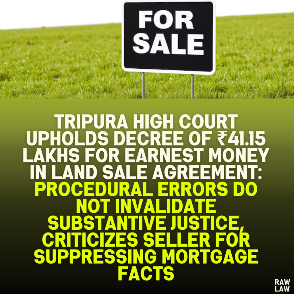 Tripura High Court Upholds Decree of ₹41.15 Lakhs for Earnest Money in Land Sale Agreement: Procedural Errors Do Not Invalidate Substantive Justice, Criticizes Seller for Suppressing Mortgage Facts