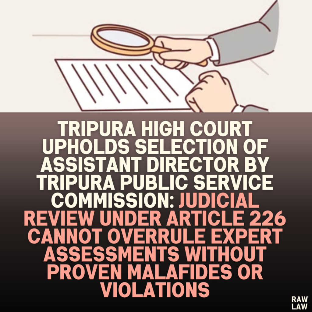 Tripura High Court Upholds Selection of Assistant Director by Tripura Public Service Commission: Judicial Review Under Article 226 Cannot Overrule Expert Assessments Without Proven Malafides or Violations