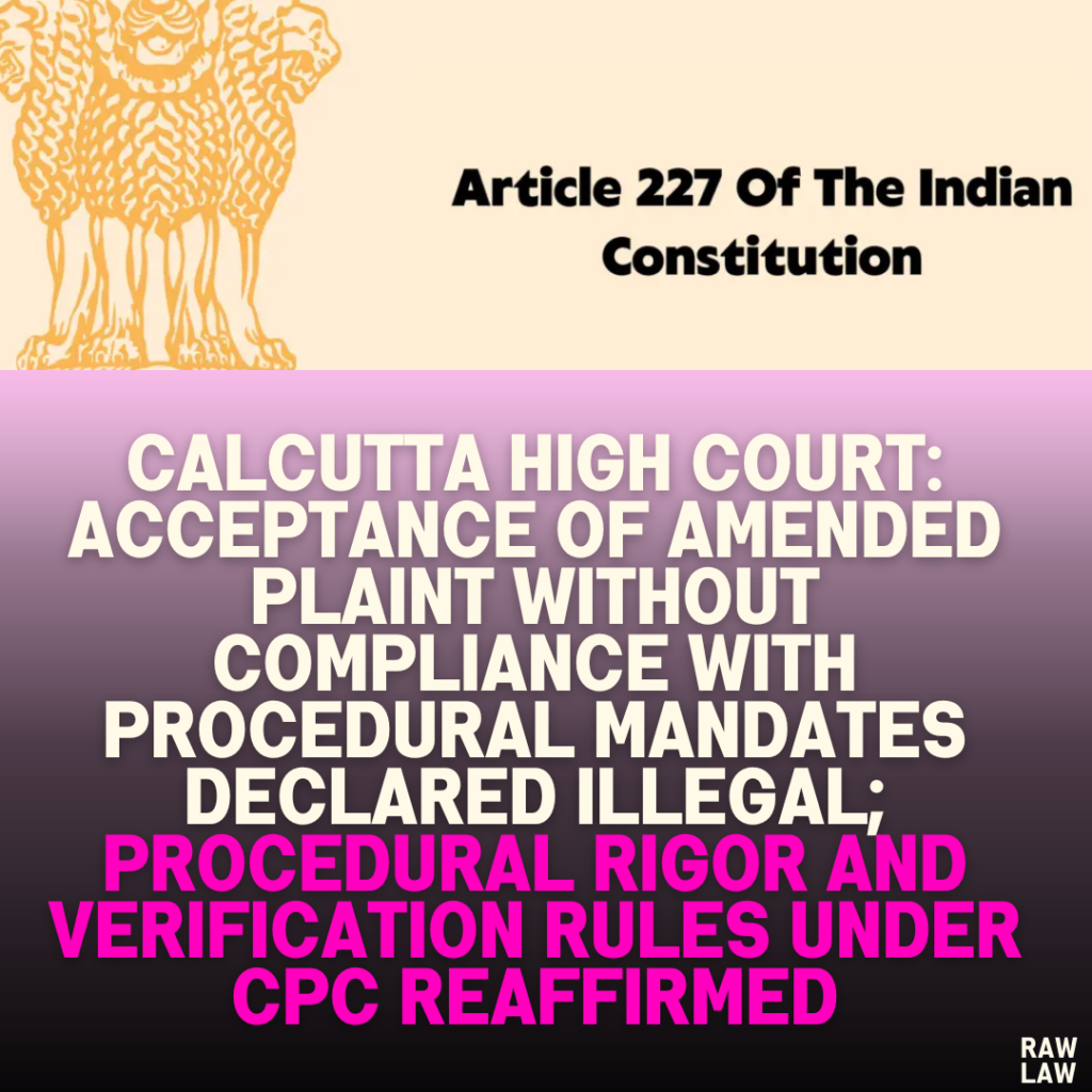 Calcutta High Court: Acceptance of Amended Plaint Without Compliance with Procedural Mandates Declared Illegal; Procedural Rigor and Verification Rules Under CPC Reaffirmed