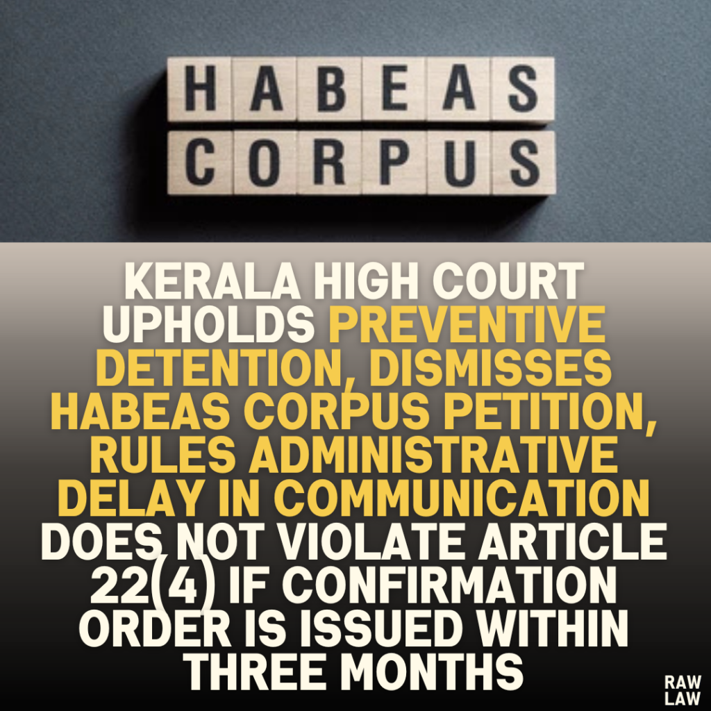 Kerala High Court Upholds Preventive Detention, Dismisses Habeas Corpus Petition, Rules Administrative Delay in Communication Does Not Violate Article 22(4) if Confirmation Order is Issued Within Three Months