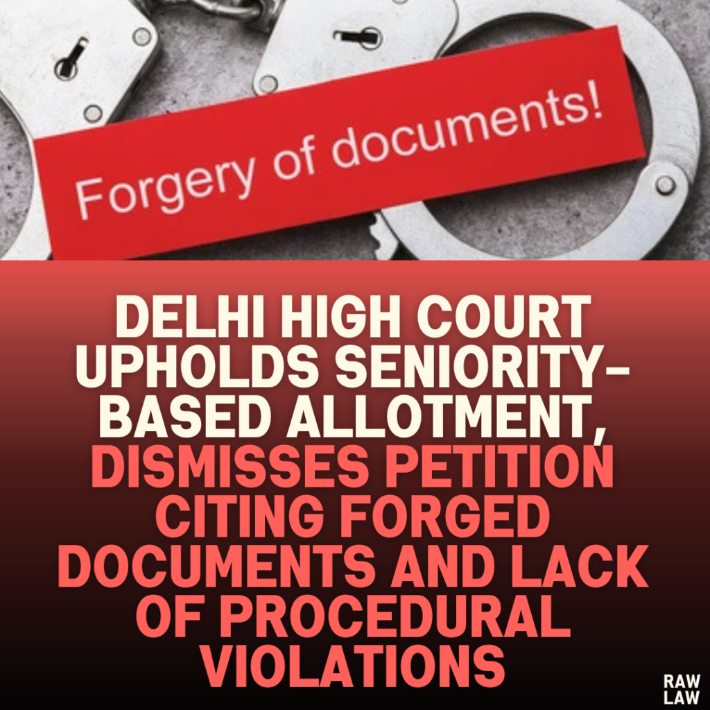 Delhi High Court Upholds Seniority-Based Allotment, Dismisses Petition Citing Forged Documents and Lack of Procedural Violations