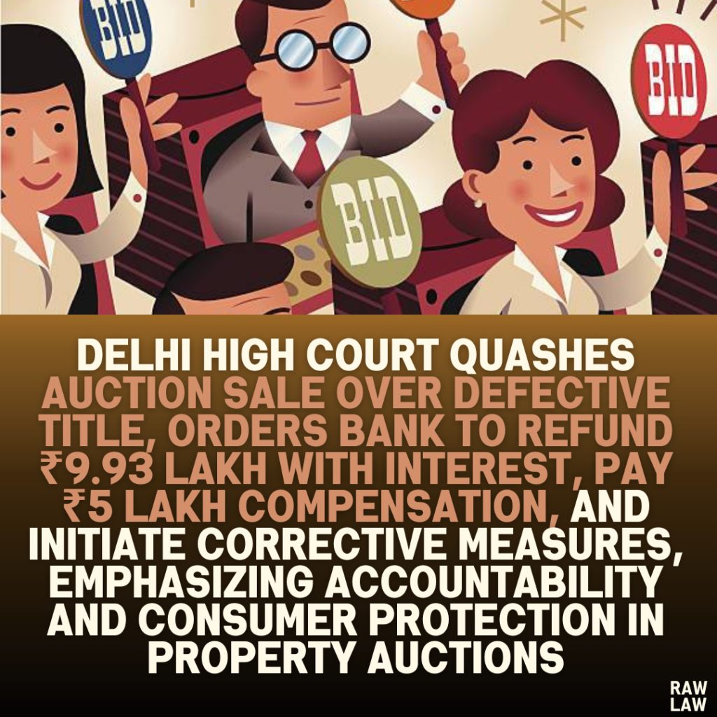 Delhi High Court Quashes Auction Sale Over Defective Title, Orders Bank to Refund ₹9.93 Lakh with Interest, Pay ₹5 Lakh Compensation, and Initiate Corrective Measures, Emphasizing Accountability and Consumer Protection in Property Auctions