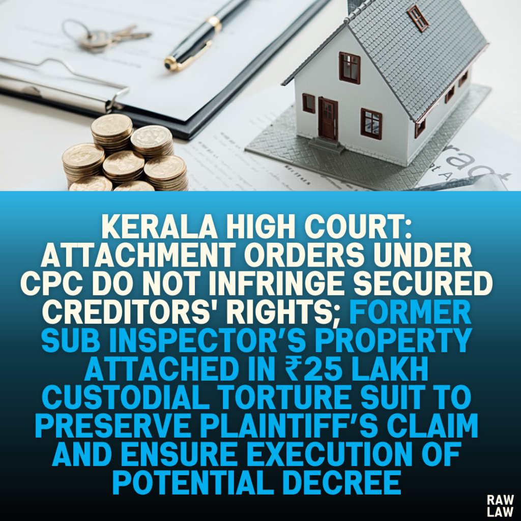 Kerala High Court: Attachment Orders Under CPC Do Not Infringe Secured Creditors' Rights; Former Sub Inspector’s Property Attached in ₹25 Lakh Custodial Torture Suit to Preserve Plaintiff’s Claim and Ensure Execution of Potential Decree