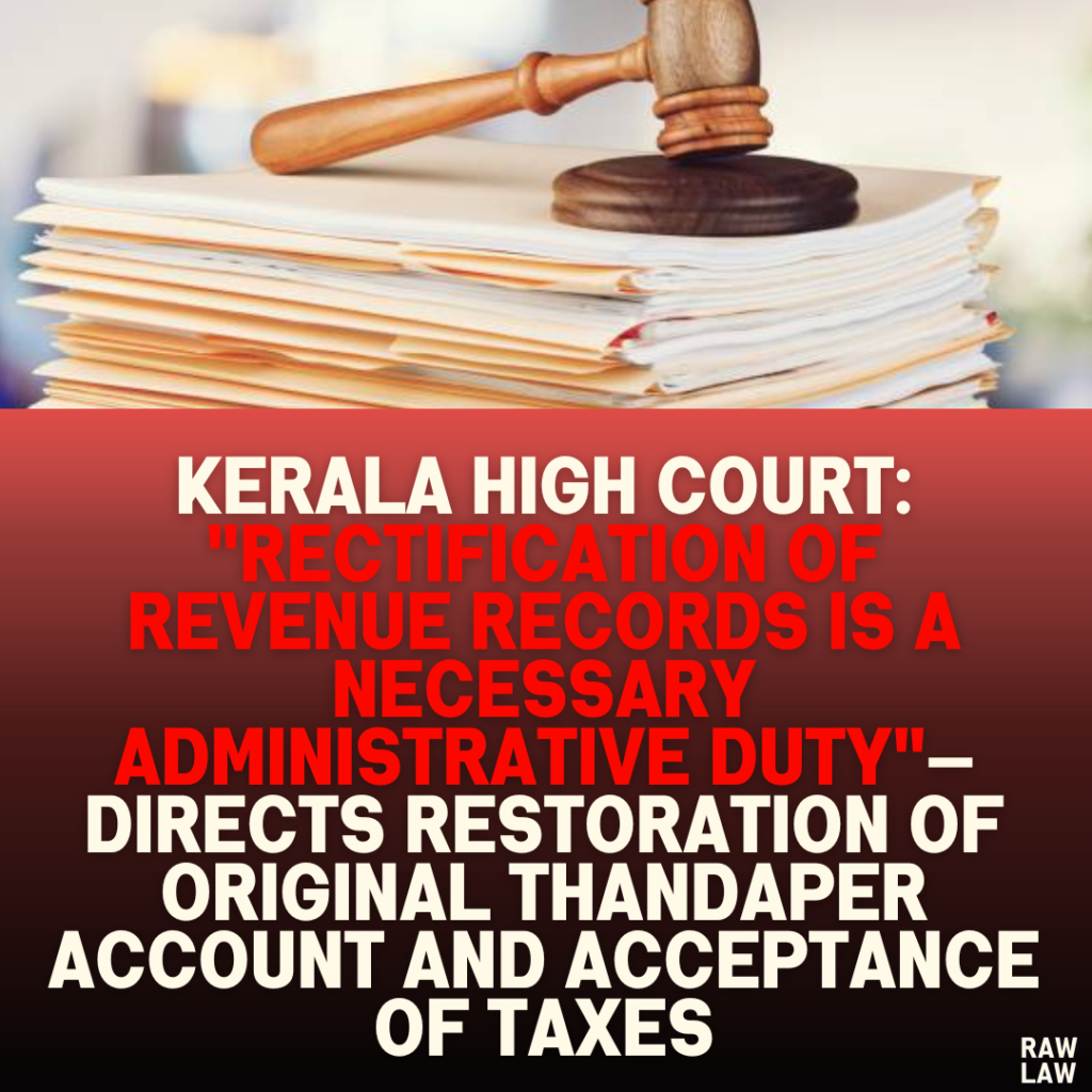 Kerala High Court: "Rectification of Revenue Records is a Necessary Administrative Duty"—Directs Restoration of Original Thandaper Account and Acceptance of Taxes