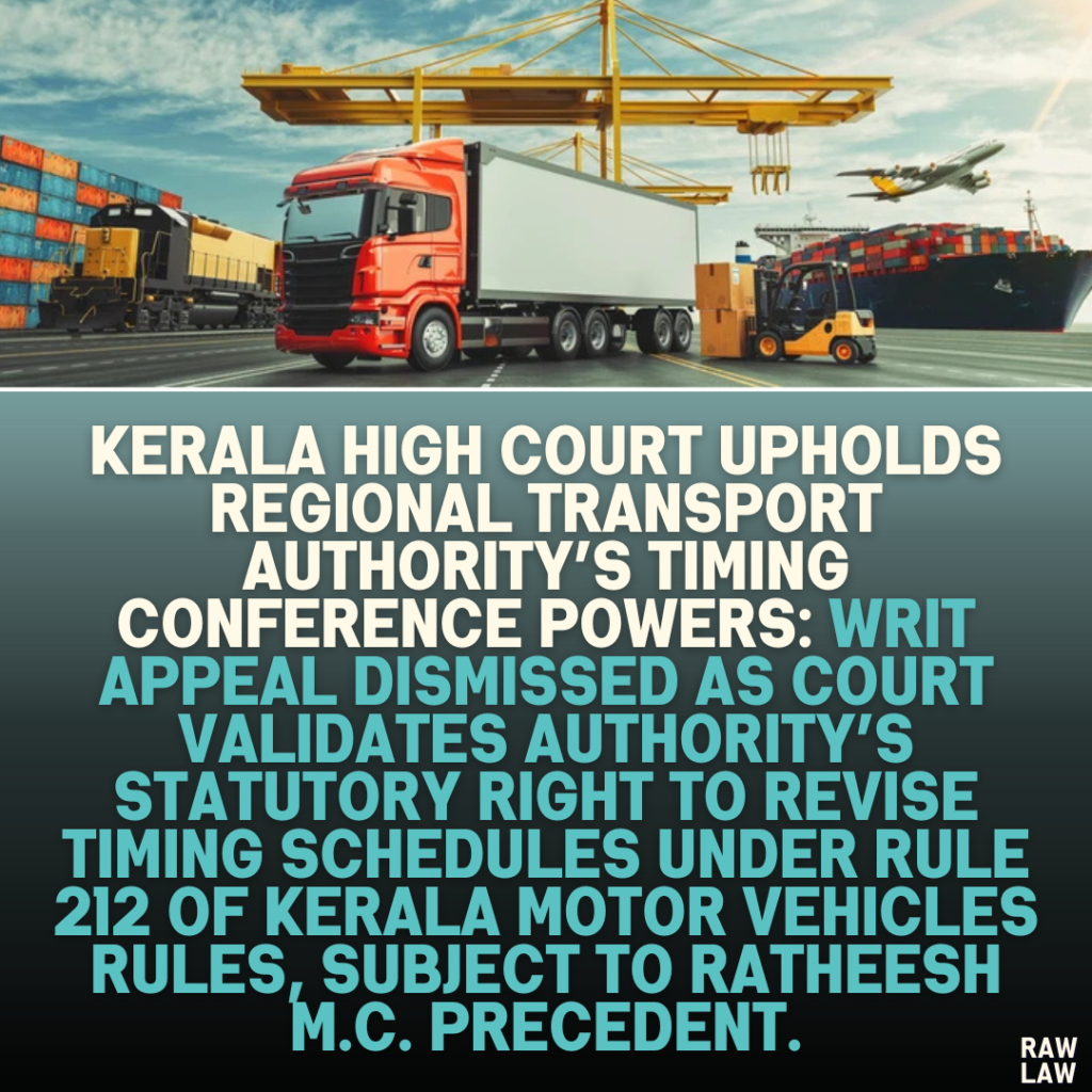 Kerala High Court Upholds Regional Transport Authority’s Timing Conference Powers: Writ Appeal Dismissed as Court Validates Authority’s Statutory Right to Revise Timing Schedules Under Rule 212 of Kerala Motor Vehicles Rules, Subject to Ratheesh M.C. Precedent.