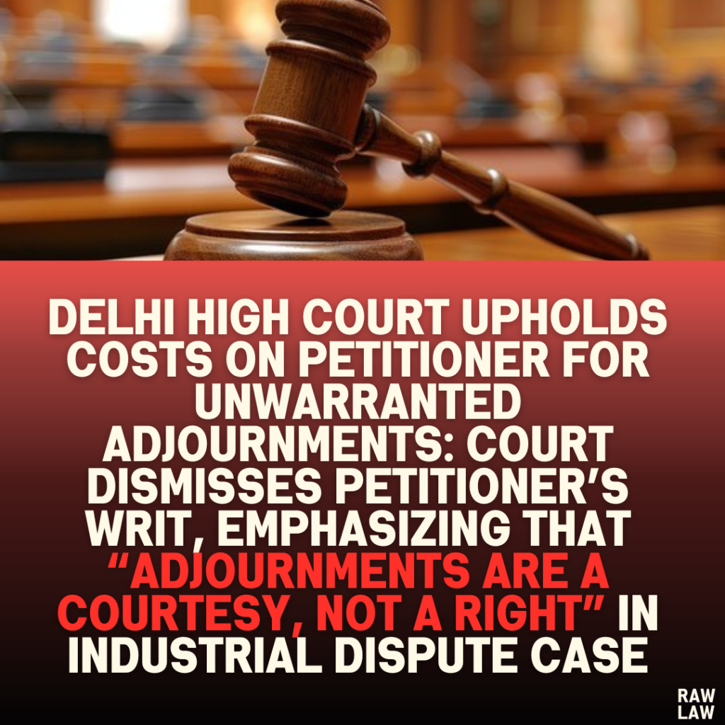 Delhi High Court Upholds Costs on Petitioner for Unwarranted Adjournments: Court Dismisses Petitioner’s Writ, Emphasizing that “Adjournments Are a Courtesy, Not a Right” in Industrial Dispute Case