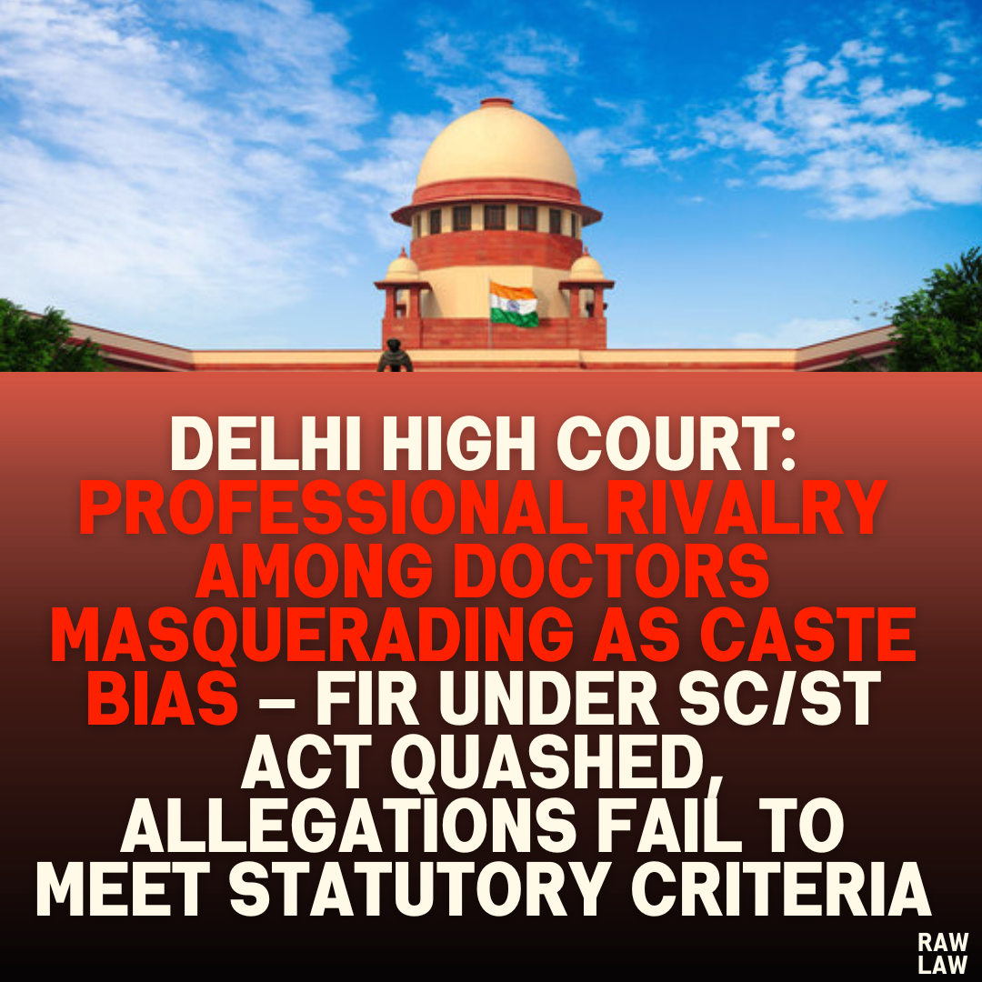 Delhi High Court: Professional Rivalry Among Doctors Masquerading as Caste Bias – FIR Under SC/ST Act Quashed, Allegations Fail to Meet Statutory Criteria
