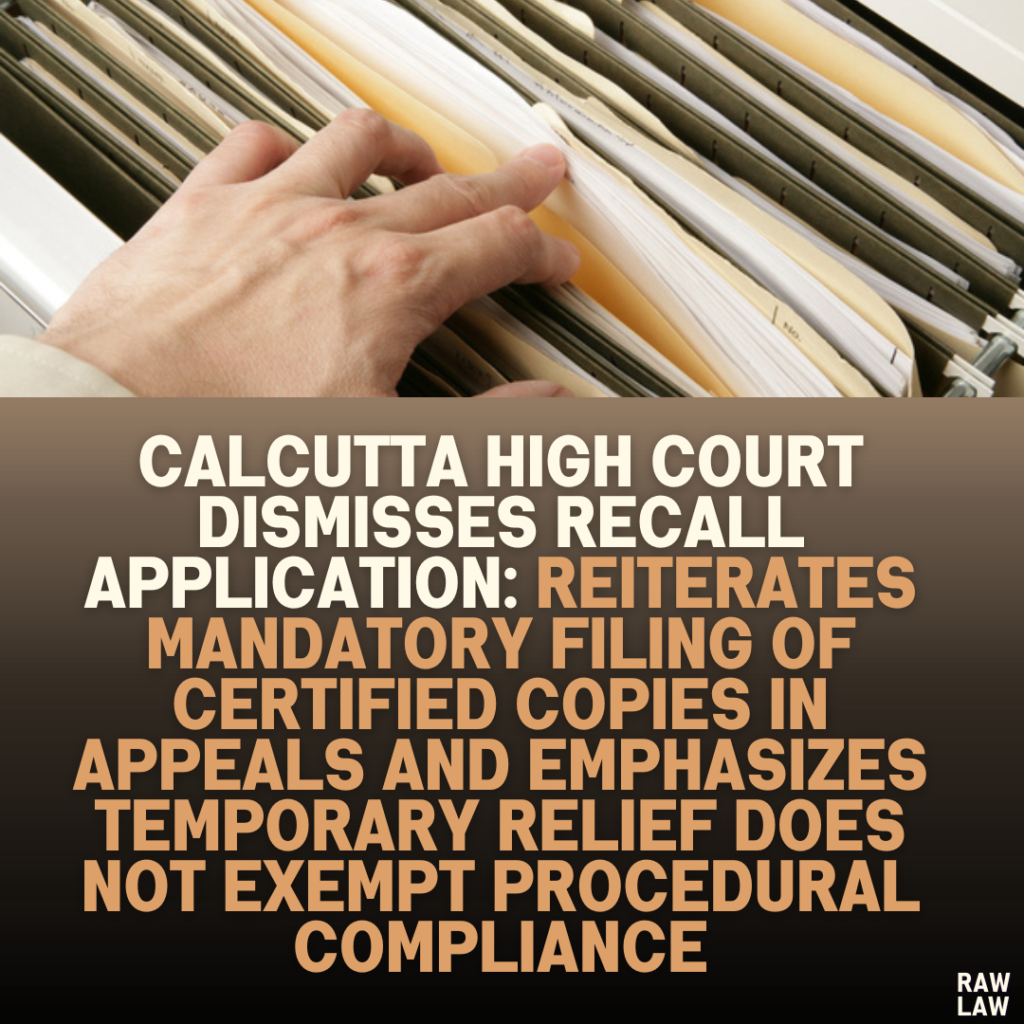 Calcutta High Court Dismisses Recall Application: Reiterates Mandatory Filing of Certified Copies in Appeals and Emphasizes Temporary Relief Does Not Exempt Procedural Compliance