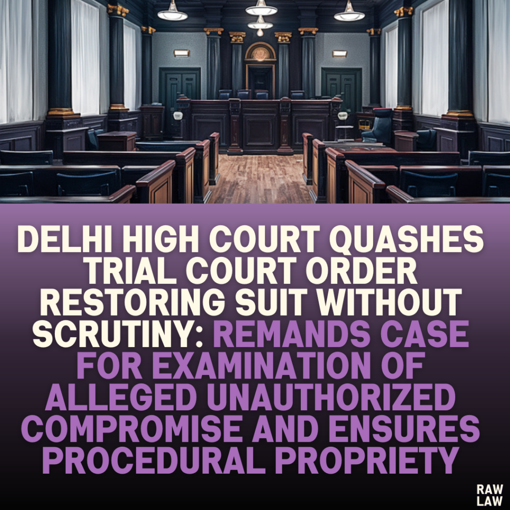 Delhi High Court Quashes Trial Court Order Restoring Suit Without Scrutiny: Remands Case for Examination of Alleged Unauthorized Compromise and Ensures Procedural Propriety