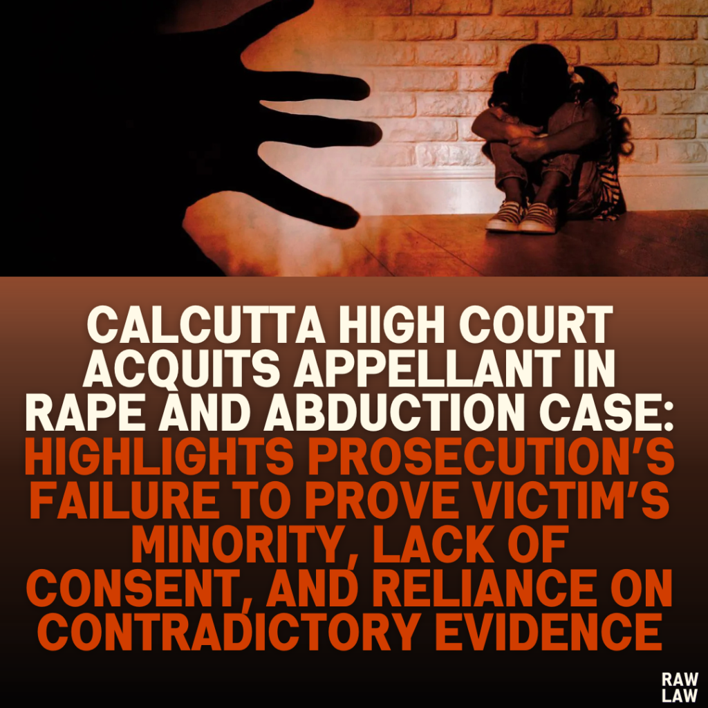 Calcutta High Court Acquits Appellant in Rape and Abduction Case: Highlights Prosecution’s Failure to Prove Victim’s Minority, Lack of Consent, and Reliance on Contradictory Evidence