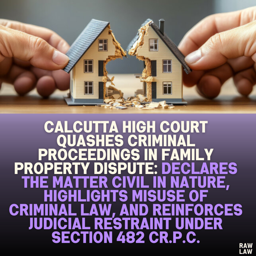 Calcutta High Court Quashes Criminal Proceedings in Family Property Dispute: Declares the Matter Civil in Nature, Highlights Misuse of Criminal Law, and Reinforces Judicial Restraint Under Section 482 Cr.P.C.