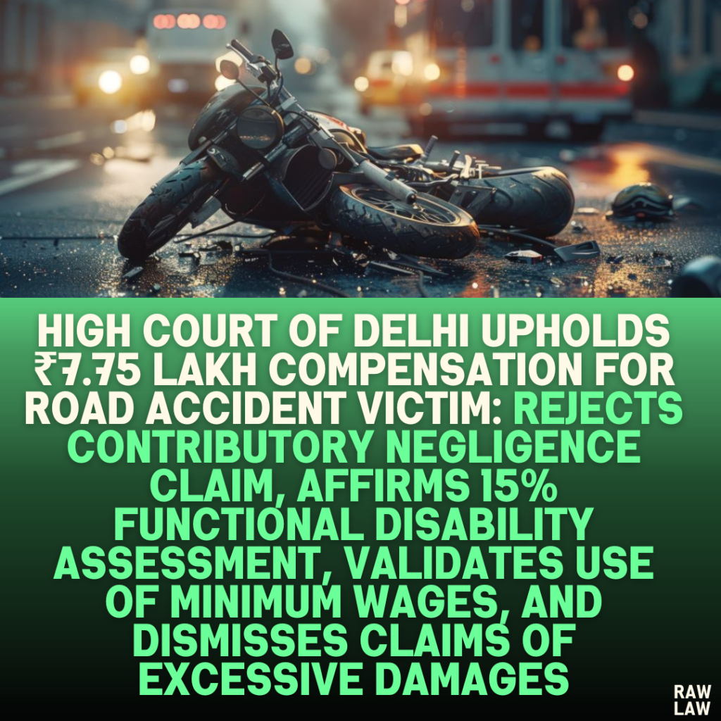 High Court of Delhi Upholds ₹7.75 Lakh Compensation for Road Accident Victim: Rejects Contributory Negligence Claim, Affirms 15% Functional Disability Assessment, Validates Use of Minimum Wages, and Dismisses Claims of Excessive Damages