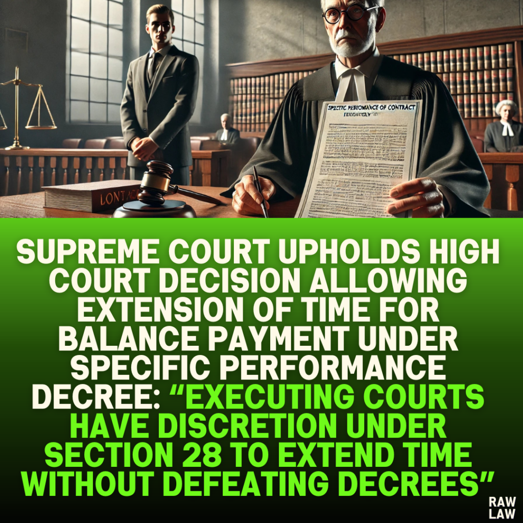 Supreme Court Upholds High Court Decision Allowing Extension of Time for Balance Payment Under Specific Performance Decree: “Executing Courts Have Discretion Under Section 28 to Extend Time Without Defeating Decrees”