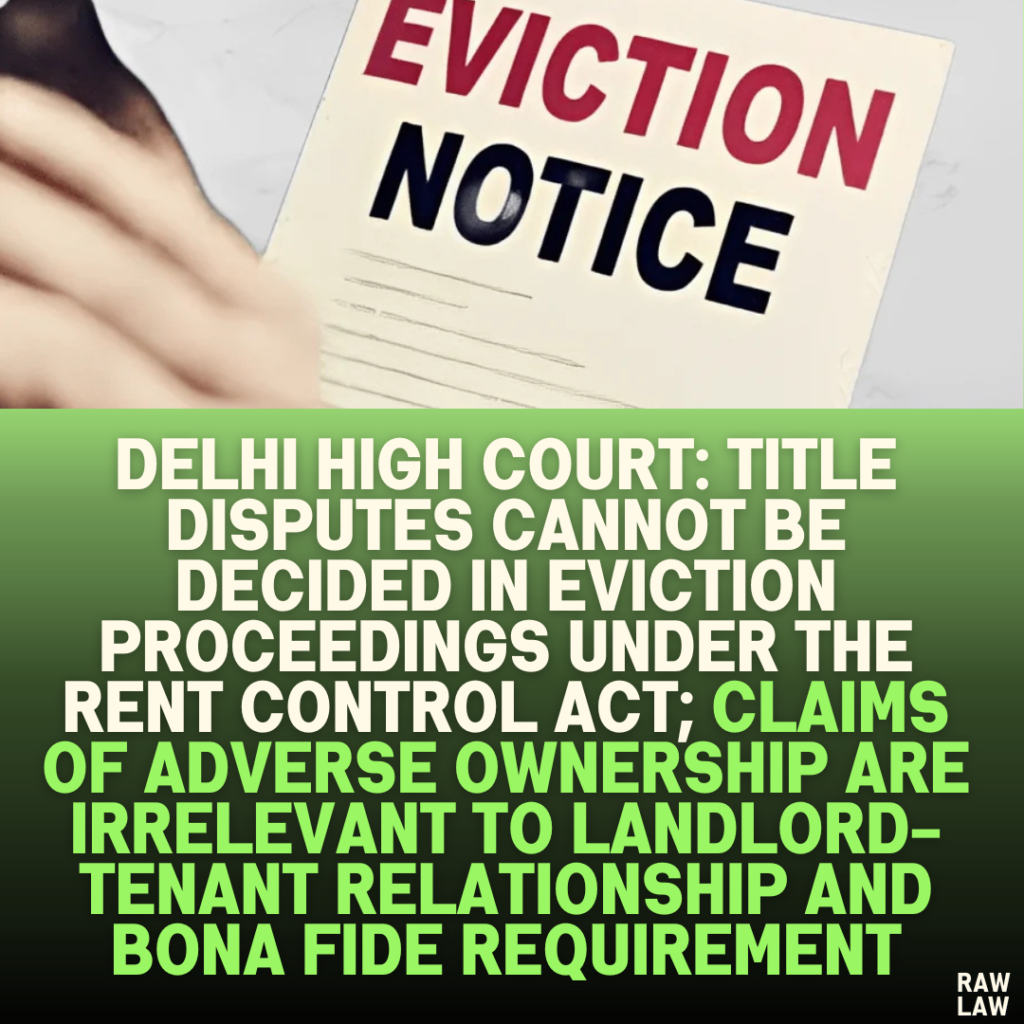 Delhi High Court: Title Disputes Cannot Be Decided in Eviction Proceedings Under the Rent Control Act; Claims of Adverse Ownership Are Irrelevant to Landlord-Tenant Relationship and Bona Fide Requirement