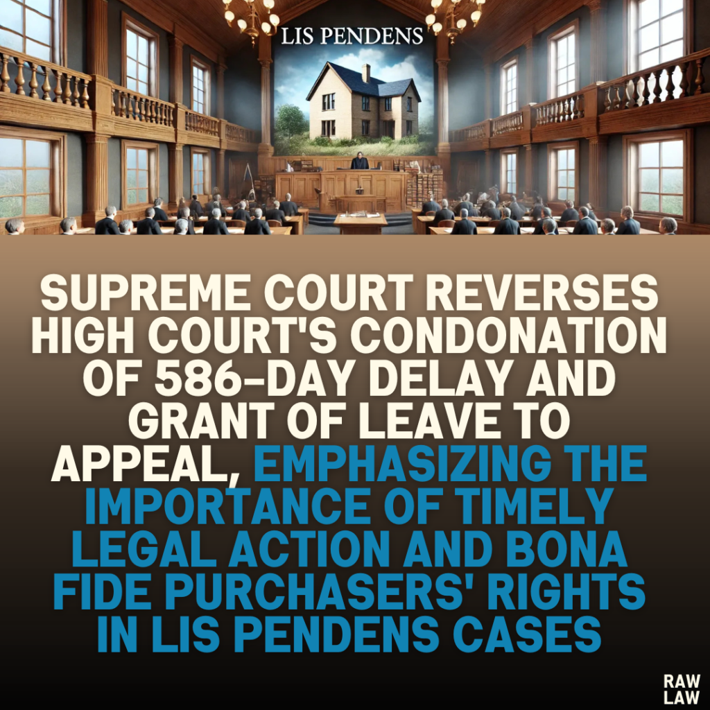 Supreme Court Reverses High Court's Condonation of 586-Day Delay and Grant of Leave to Appeal, Emphasizing the Importance of Timely Legal Action and Bona Fide Purchasers' Rights in Lis Pendens Cases