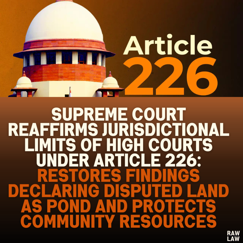 Supreme Court Reaffirms Jurisdictional Limits of High Courts Under Article 226: Restores Findings Declaring Disputed Land as Pond and Protects Community Resources