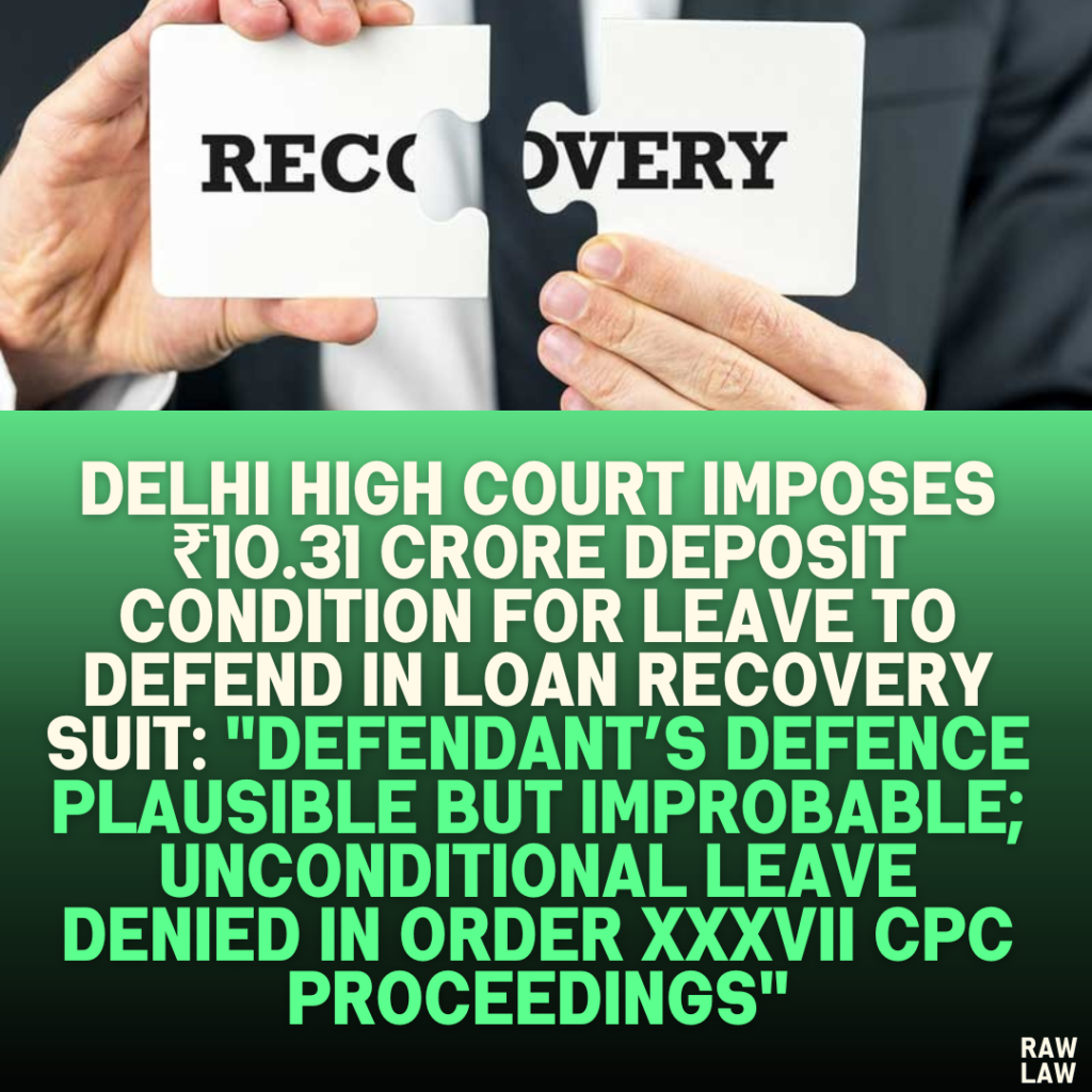 Delhi High Court Imposes ₹10.31 Crore Deposit Condition for Leave to Defend in Loan Recovery Suit: "Defendant’s Defence Plausible but Improbable; Unconditional Leave Denied in Order XXXVII CPC Proceedings"