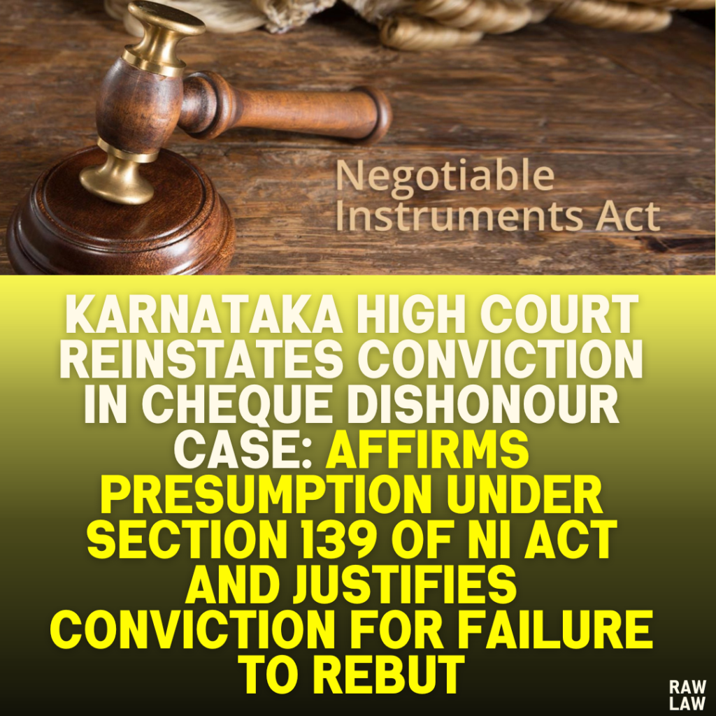 Karnataka High Court Reinstates Conviction in Cheque Dishonour Case: Affirms Presumption Under Section 139 of NI Act and Justifies Conviction for Failure to Rebut
