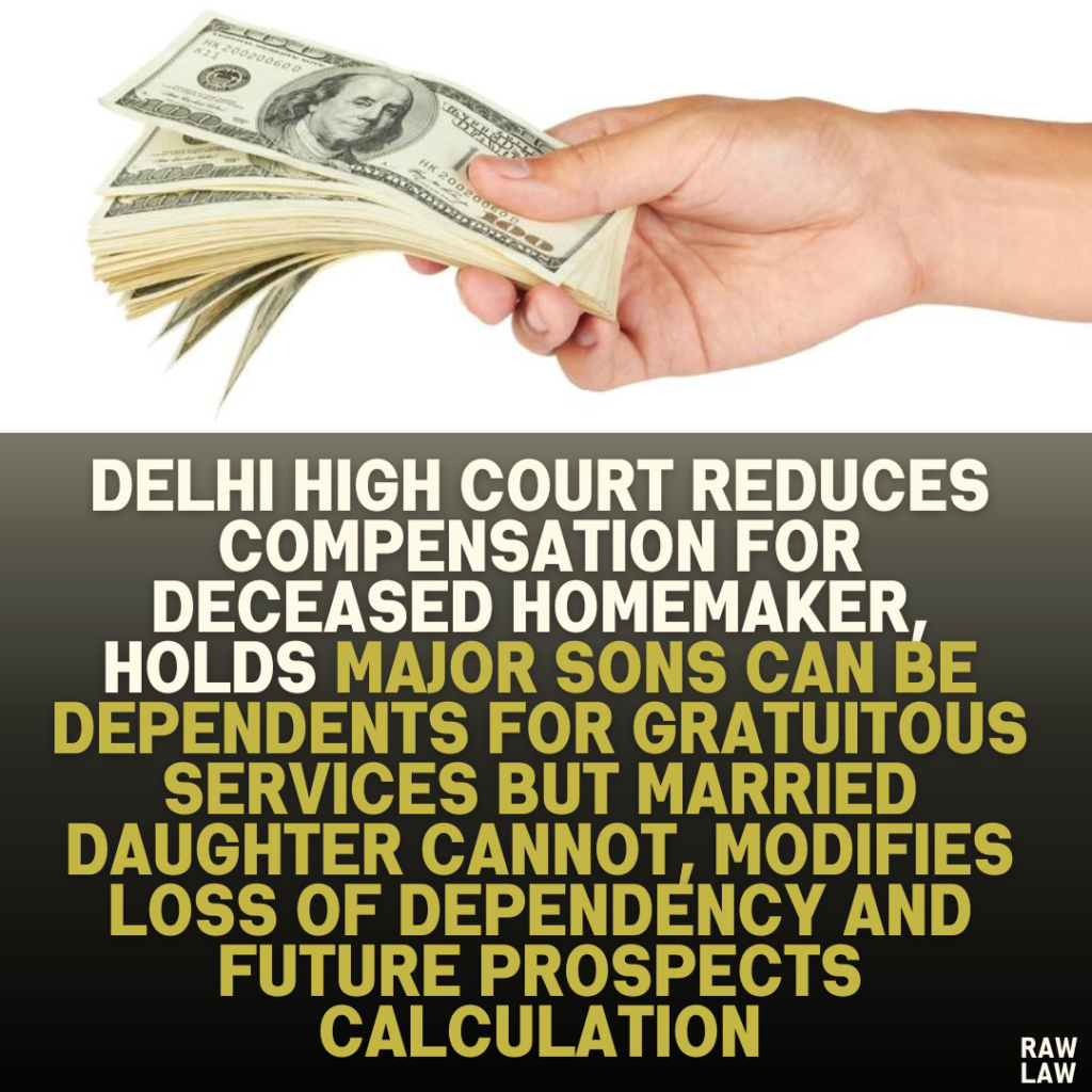 Delhi High Court Reduces Compensation for Deceased Homemaker, Holds Major Sons Can Be Dependents for Gratuitous Services but Married Daughter Cannot, Modifies Loss of Dependency and Future Prospects Calculation