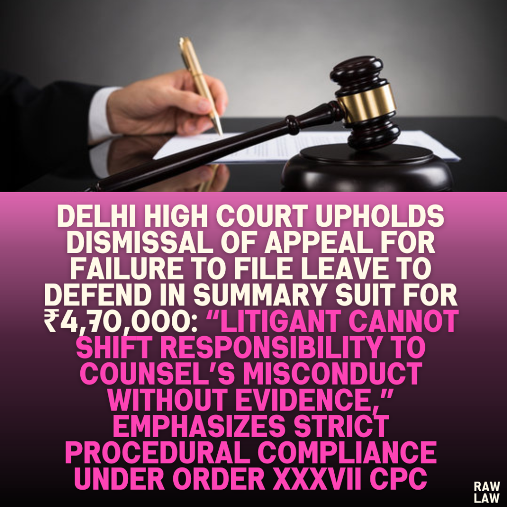 Delhi High Court Upholds Dismissal of Appeal for Failure to File Leave to Defend in Summary Suit for ₹4,70,000: “Litigant Cannot Shift Responsibility to Counsel’s Misconduct Without Evidence,” Emphasizes Strict Procedural Compliance Under Order XXXVII CPC