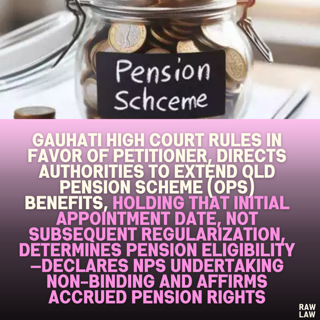 Gauhati High Court Rules in Favor of Petitioner, Directs Authorities to Extend Old Pension Scheme (OPS) Benefits, Holding That Initial Appointment Date, Not Subsequent Regularization, Determines Pension Eligibility—Declares NPS Undertaking Non-Binding and Affirms Accrued Pension Rights