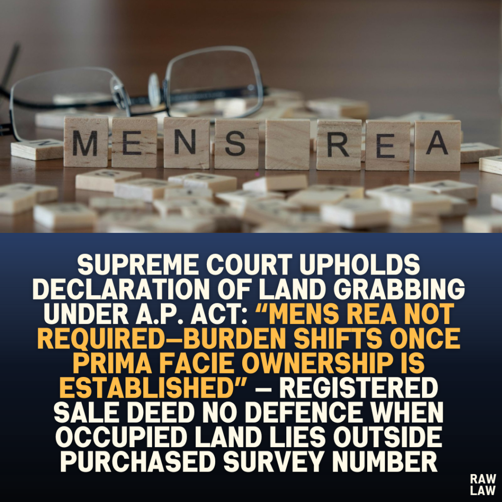 Supreme Court Upholds Declaration of Land Grabbing Under A.P. Act: “Mens Rea Not Required—Burden Shifts Once Prima Facie Ownership Is Established” — Registered Sale Deed No Defence When Occupied Land Lies Outside Purchased Survey Number