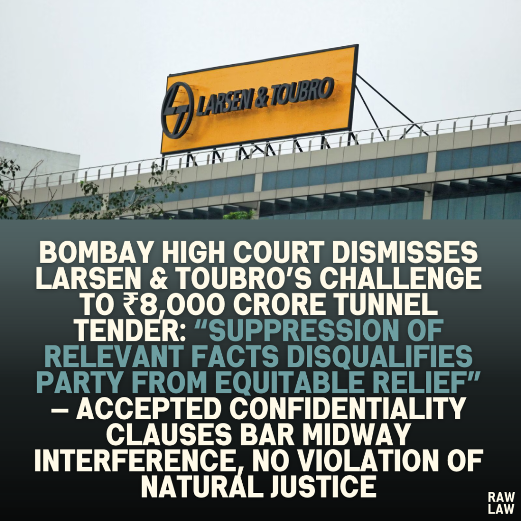 Bombay High Court Dismisses Larsen & Toubro’s Challenge to ₹8,000 Crore Tunnel Tender: “Suppression of Relevant Facts Disqualifies Party from Equitable Relief” — Accepted Confidentiality Clauses Bar Midway Interference, No Violation of Natural Justice