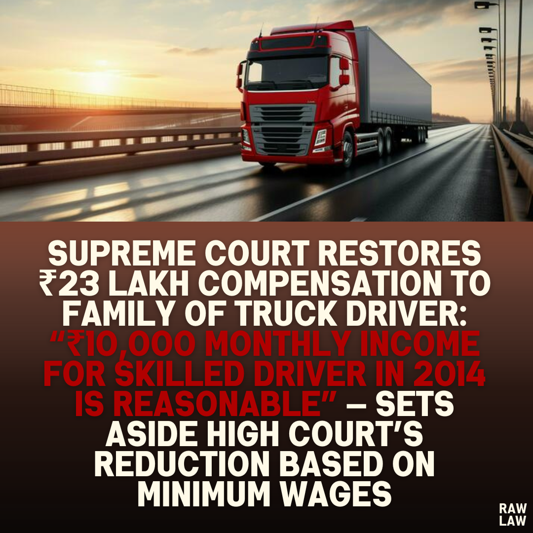 Supreme Court Restores ₹23 Lakh Compensation to Family of Truck Driver: “₹10,000 Monthly Income for Skilled Driver in 2014 Is Reasonable” — Sets Aside High Court’s Reduction Based on Minimum Wages