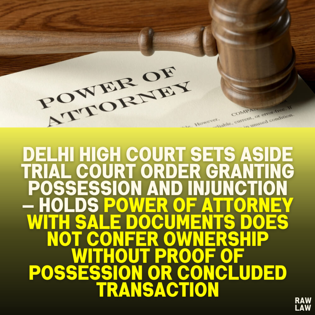 Delhi High Court Sets Aside Trial Court Order Granting Possession and Injunction — Holds Power of Attorney with Sale Documents Does Not Confer Ownership Without Proof of Possession or Concluded Transaction