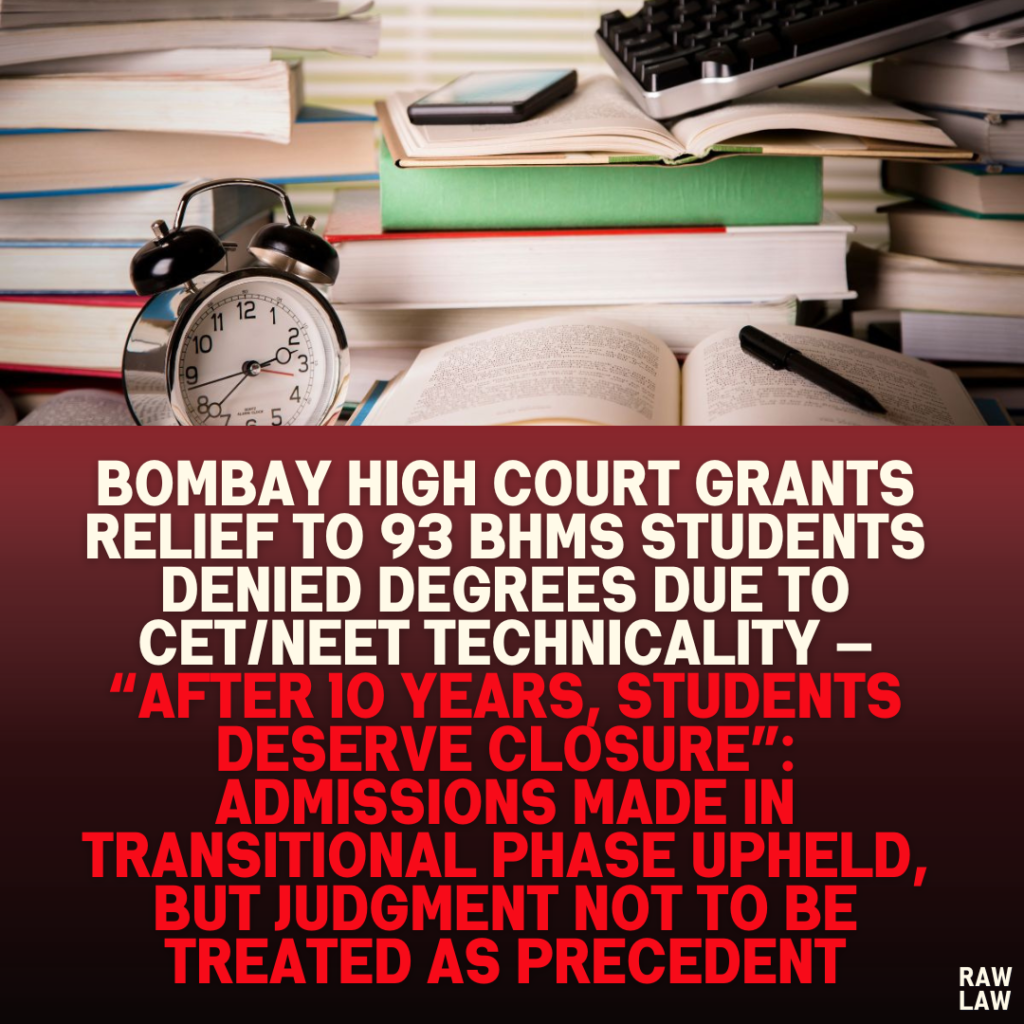 Bombay High Court Grants Relief to 93 BHMS Students Denied Degrees Due to CET/NEET Technicality — “After 10 Years, Students Deserve Closure”: Admissions Made in Transitional Phase Upheld, But Judgment Not to Be Treated as Precedent