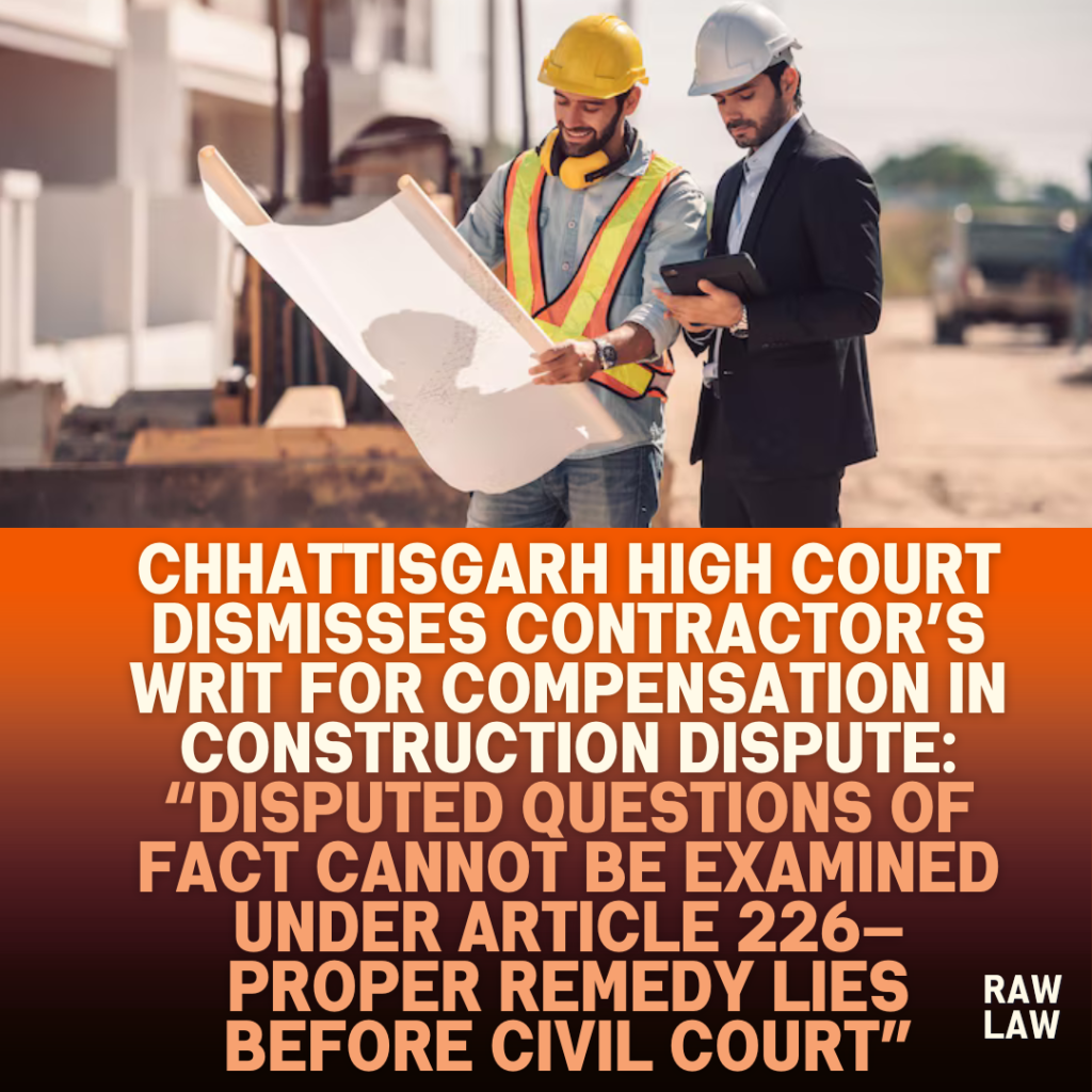 Chhattisgarh-High-Court-Dismisses-Contractors-Writ-for-Compensation-in-Construction-Dispute-Disputed-Questions-of-Fact-Cannot-Be-Examined-Under-Article-226—Proper-Remedy-Lies-Before-Civil-Court