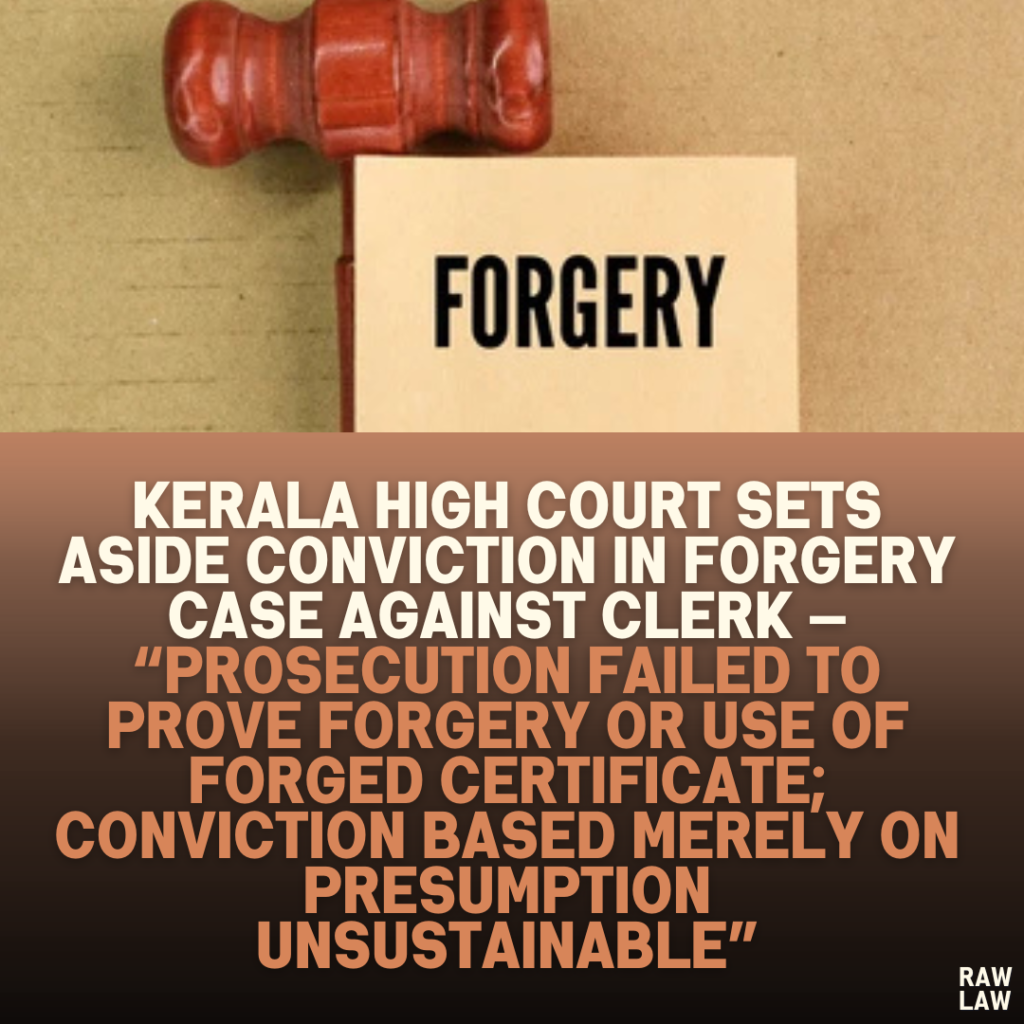 Kerala High Court Sets Aside Conviction in Forgery Case Against Clerk — “Prosecution Failed to Prove Forgery or Use of Forged Certificate; Conviction Based Merely on Presumption Unsustainable”