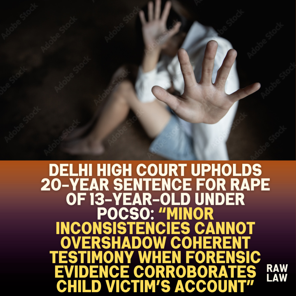 Delhi-High-Court-Upholds-20-Year-Sentence-for-Rape-of-13-Year-Old-Under-POCSO-Minor-Inconsistencies-Cannot-Overshadow-Coherent-Testimony-When-Forensic-Evidence-Corroborates-Child-Victims-Account