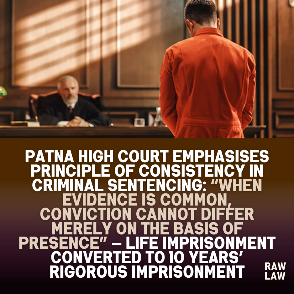 Patna High Court Emphasises Principle of Consistency in Criminal Sentencing: “When Evidence Is Common, Conviction Cannot Differ Merely on the Basis of Presence” — Life Imprisonment Converted to 10 Years’ Rigorous Imprisonment 1 consistency