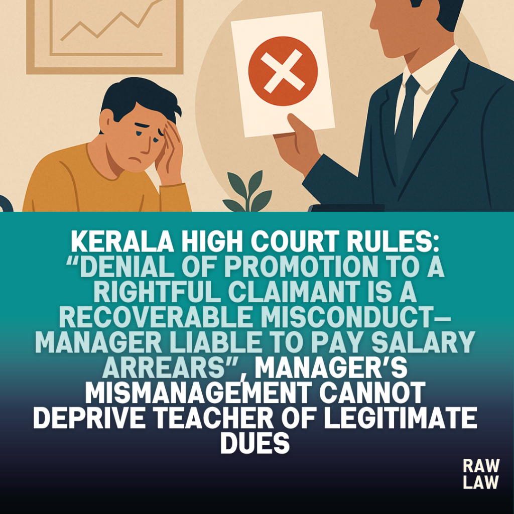 Kerala High Court Rules: “Denial of Promotion to a Rightful Claimant Is a Recoverable Misconduct—Manager Liable to Pay Salary Arrears”, Manager’s Mismanagement Cannot Deprive Teacher of Legitimate Dues 2 promotion