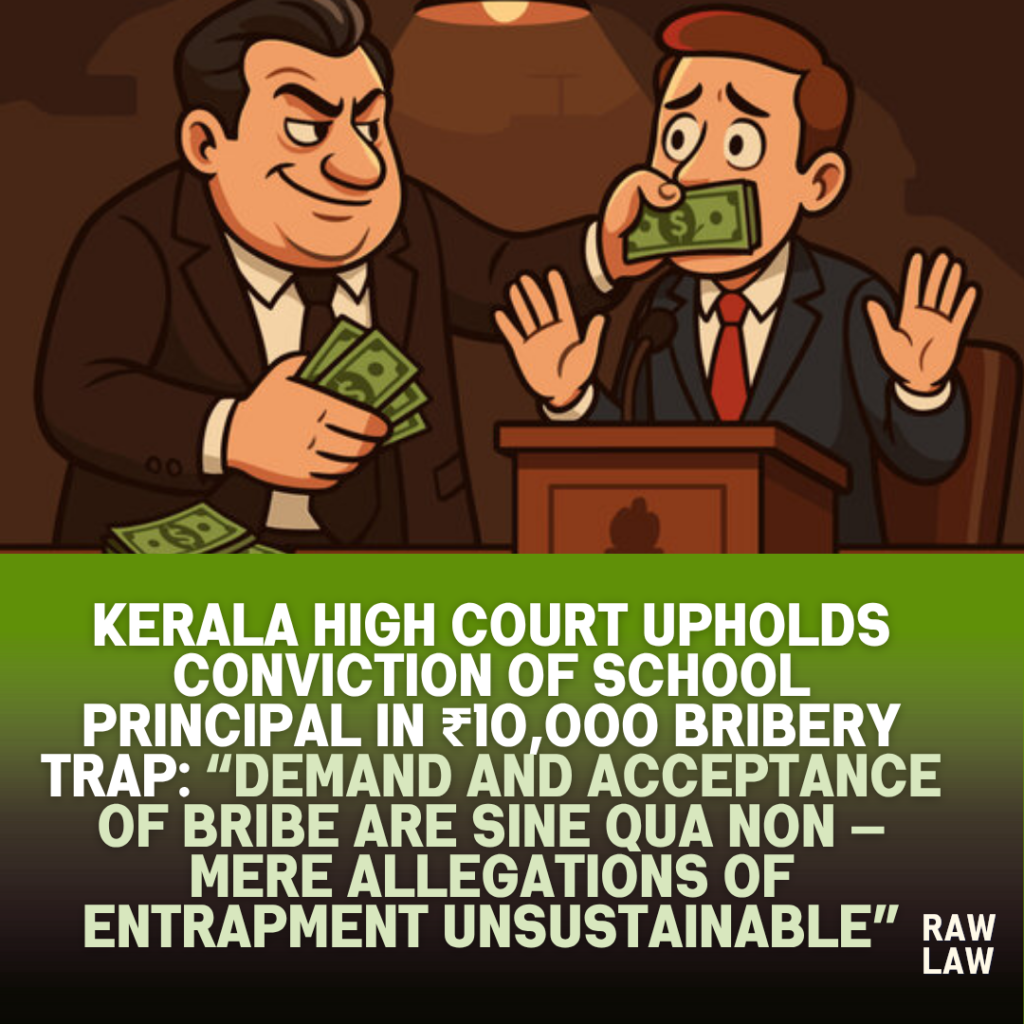 Kerala High Court Upholds Conviction of School Principal in ₹10,000 Bribery Trap: “Demand and Acceptance of Bribe are Sine Qua Non — Mere Allegations of Entrapment Unsustainable” 6 bribe