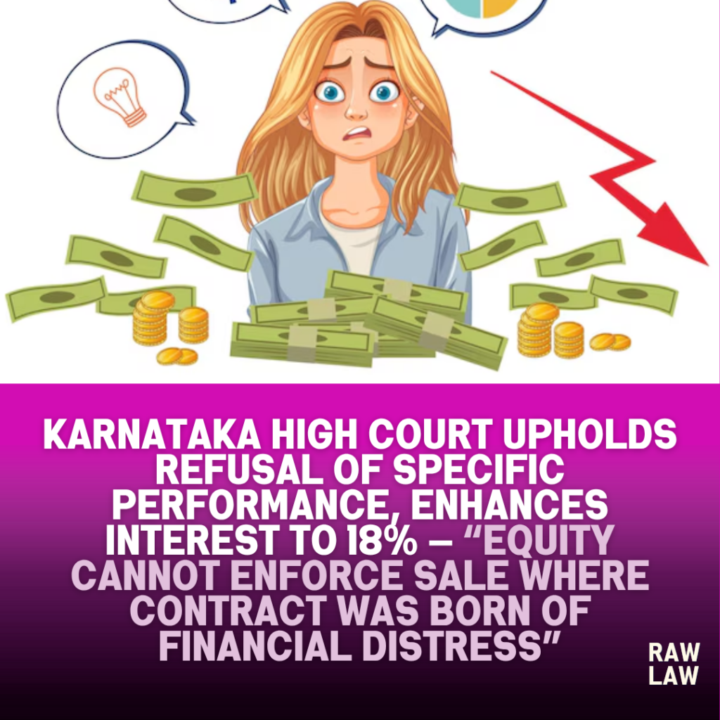 Karnataka High Court Upholds Refusal of Specific Performance, Enhances Interest to 18% — “Equity Cannot Enforce Sale Where Contract Was Born of Financial Distress” 1 specific perfomace