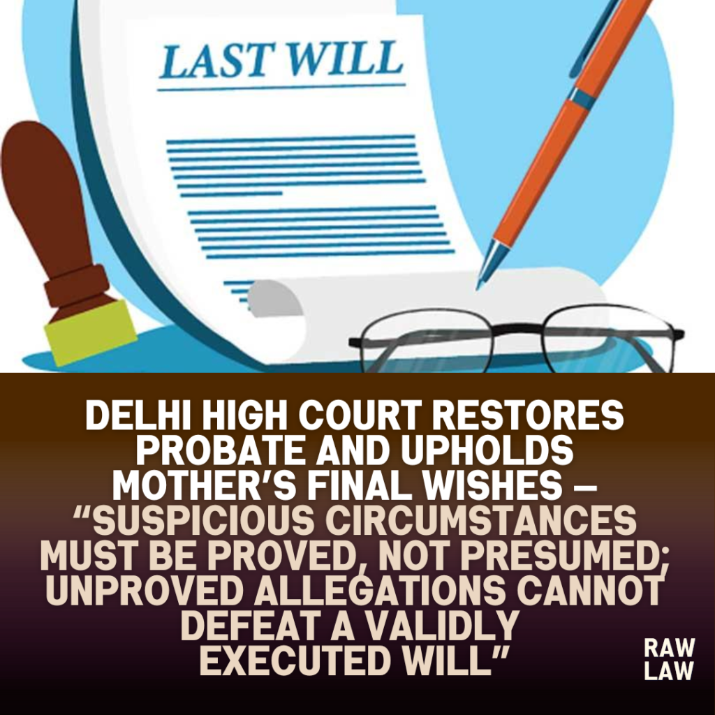 Delhi High Court restores probate and upholds mother’s final wishes — “Suspicious circumstances must be proved, not presumed; unproved allegations cannot defeat a validly executed Will”