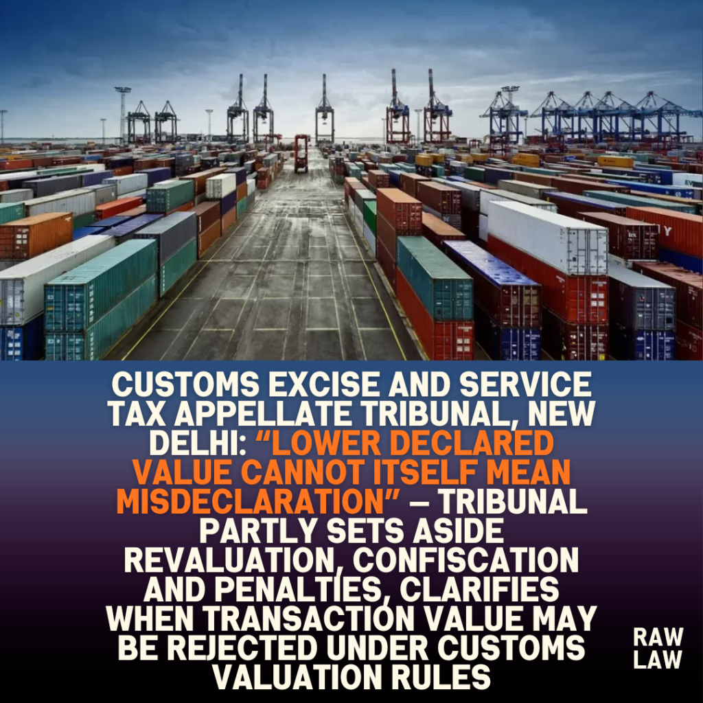 Customs Excise and Service Tax Appellate Tribunal, New Delhi: “Lower Declared Value Cannot Itself Mean Misdeclaration” — Tribunal Partly Sets Aside Revaluation, Confiscation and Penalties, Clarifies When Transaction Value May Be Rejected Under Customs Valuation Rules