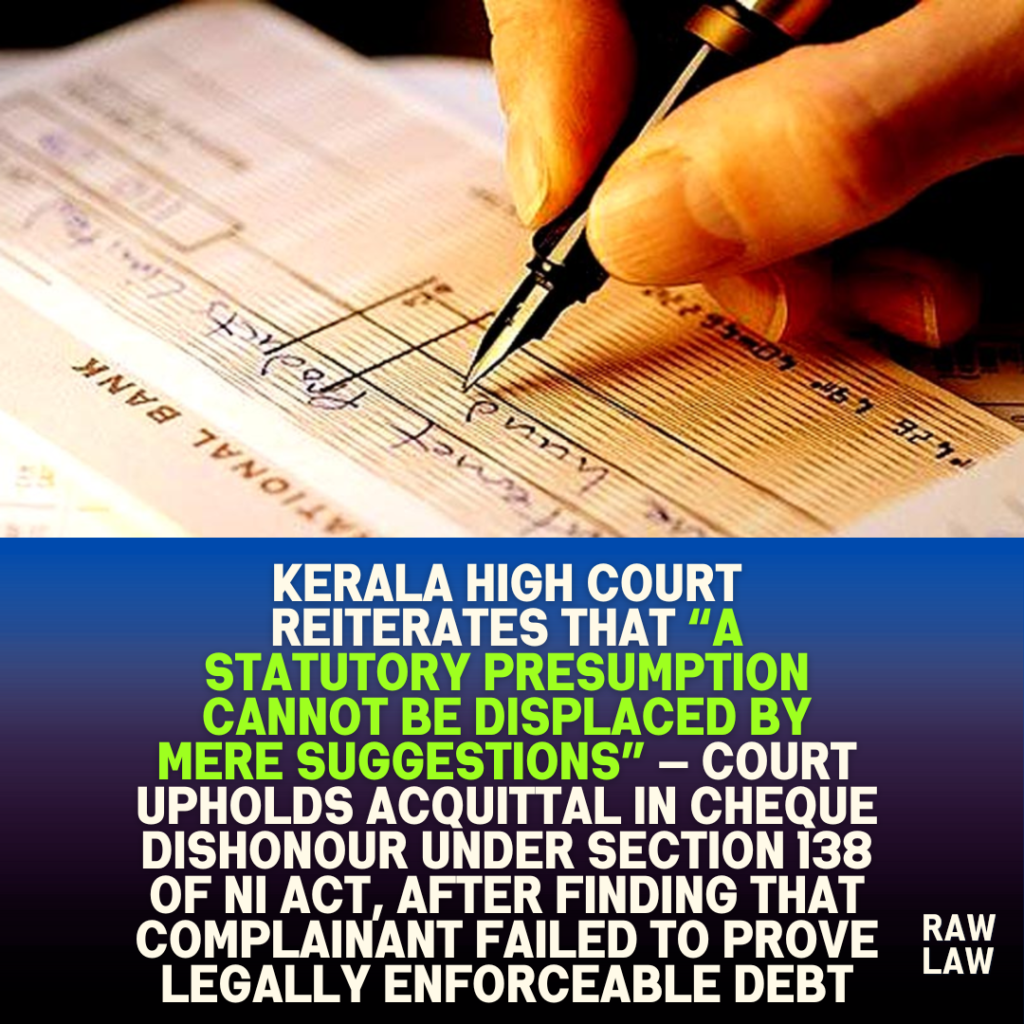 Kerala High Court reiterates that “a statutory presumption cannot be displaced by mere suggestions” — Court upholds acquittal in cheque dishonour under section 138 of NI act, after finding that complainant failed to prove legally enforceable debt