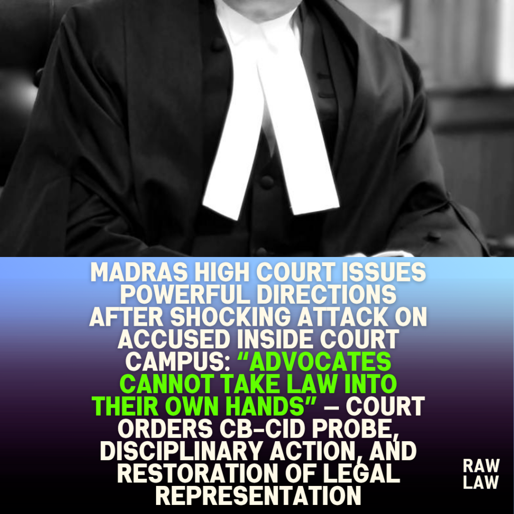 Madras High Court issues powerful directions after shocking attack on accused inside court campus: “Advocates cannot take law into their own hands” — Court orders CB-CID probe, disciplinary action, and restoration of legal representation