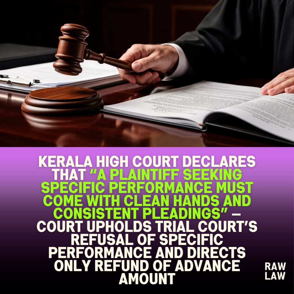 Kerala High Court declares that “a plaintiff seeking specific performance must come with clean hands and consistent pleadings” — Court upholds trial court’s refusal of specific performance and directs only refund of advance amount 1 Kerala High Court declares that “a plaintiff seeking specific performance must come with clean hands and consistent pleadings” — Court upholds trial court’s refusal of specific performance and directs only refund of advance amount