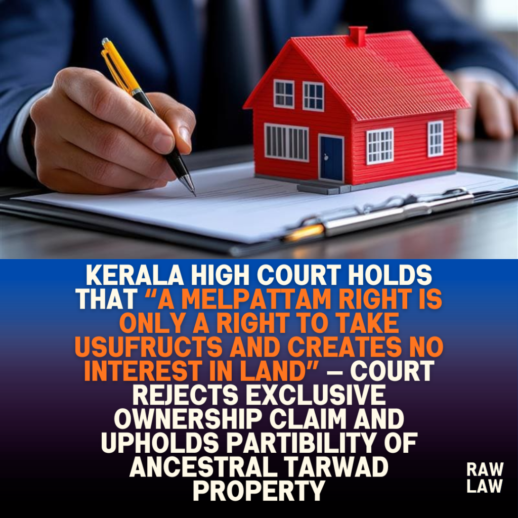 Kerala High Court holds that “a melpattam right is only a right to take usufructs and creates no interest in land” — Court rejects exclusive ownership claim and upholds partibility of ancestral tarwad property 1 Kerala High Court holds that “a melpattam right is only a right to take usufructs and creates no interest in land” — Court rejects exclusive ownership claim and upholds partibility of ancestral tarwad property