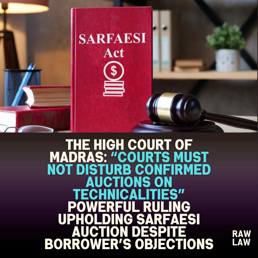 High Court of Madras: “Courts must not disturb confirmed auctions on technicalities” powerful ruling upholding SARFAESI Section 13(4) auction despite borrower’s objections 55 High Court of Madras: “Courts must not disturb confirmed auctions on technicalities” powerful ruling upholding SARFAESI Section 13(4) auction despite borrower’s objections